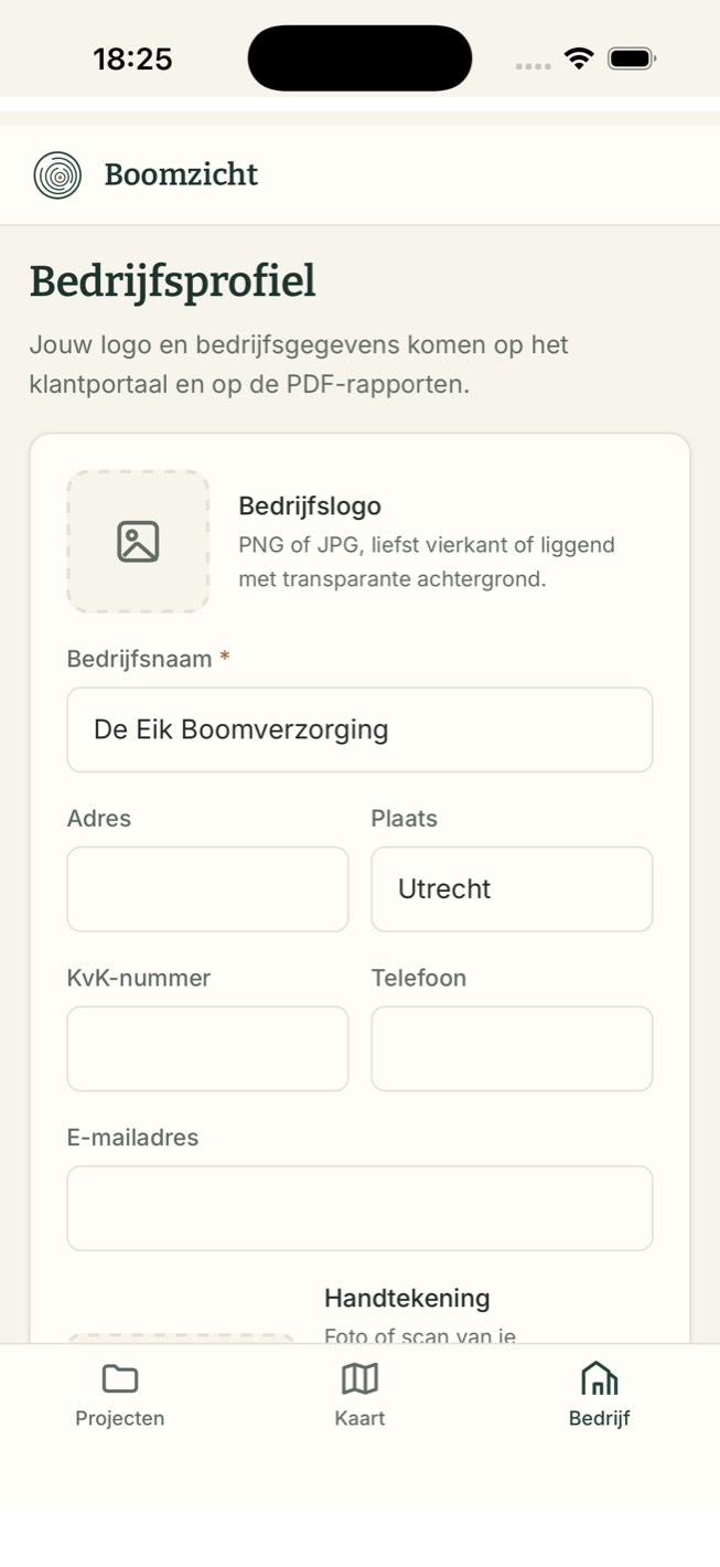 Het bedrijfsprofiel met logo, bedrijfsnaam en gegevens voor op de rapporten