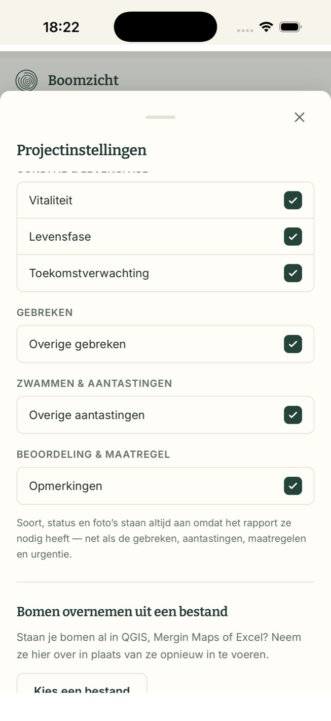 De projectinstellingen waar je per veld aanvinkt wat het formulier toont