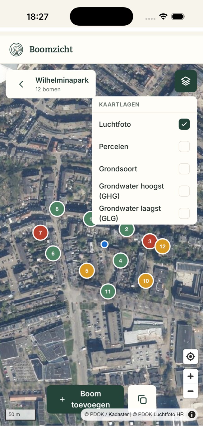 Het kaartlagenpaneel met luchtfoto, percelen, grondsoort en grondwaterlagen