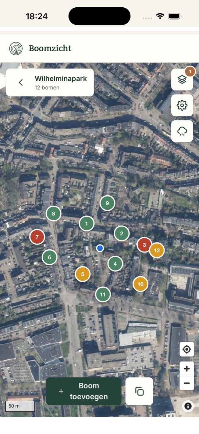 De projectkaart van Wilhelminapark met twaalf genummerde bomen op de luchtfoto, gekleurd naar risicoboom, attentieboom en in orde