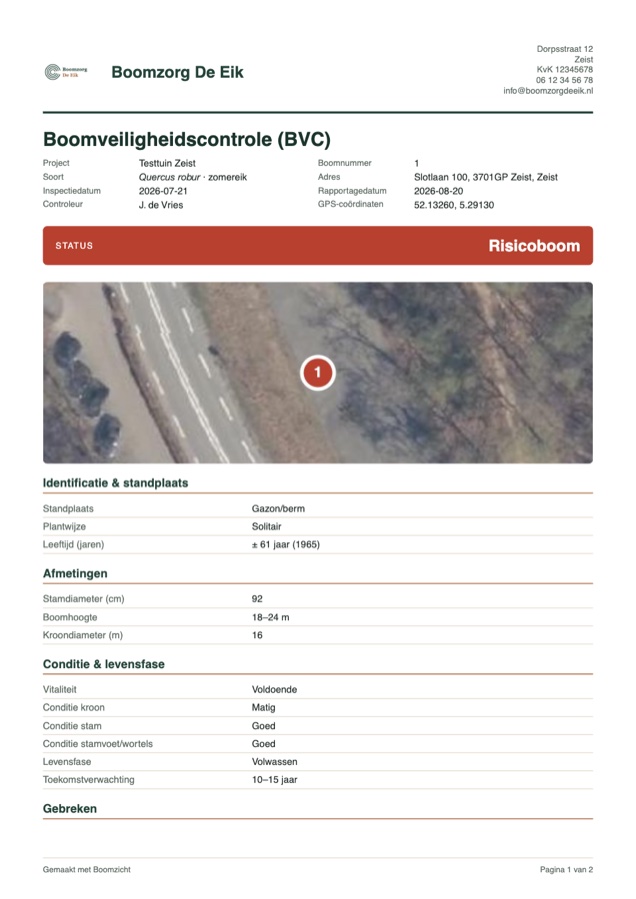 Eerste pagina van een boomveiligheidsrapport uit de app, met logo, status en kaartuitsnede